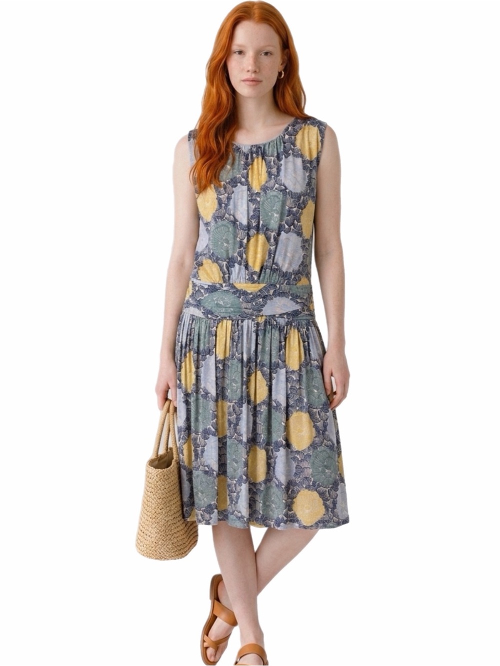 BODEN 100% Tencel Blue/Beige/Yellow Abstract Print Drop Waist Dress US 14R